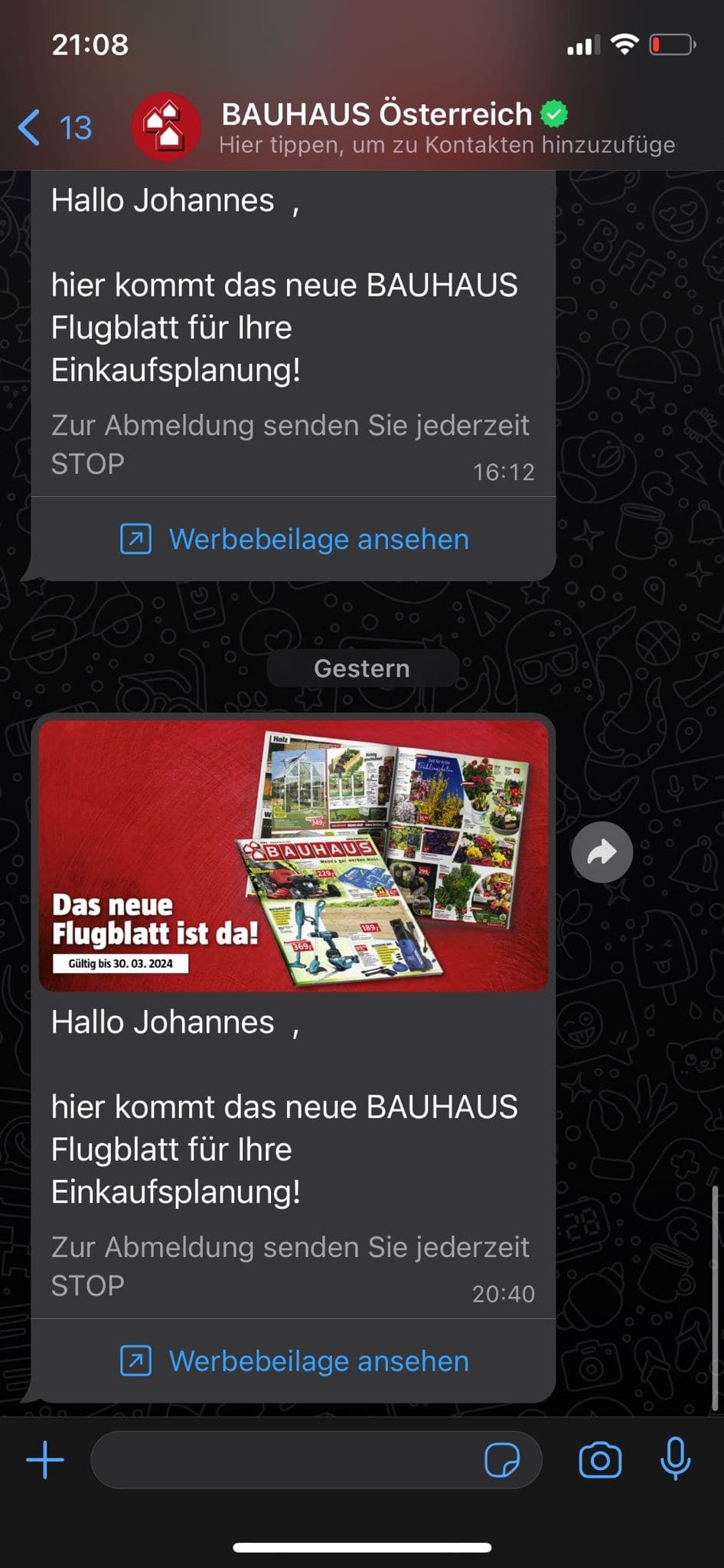 Beispiel von WhatsApp-Marketing anhand von Bauhaus Österreich