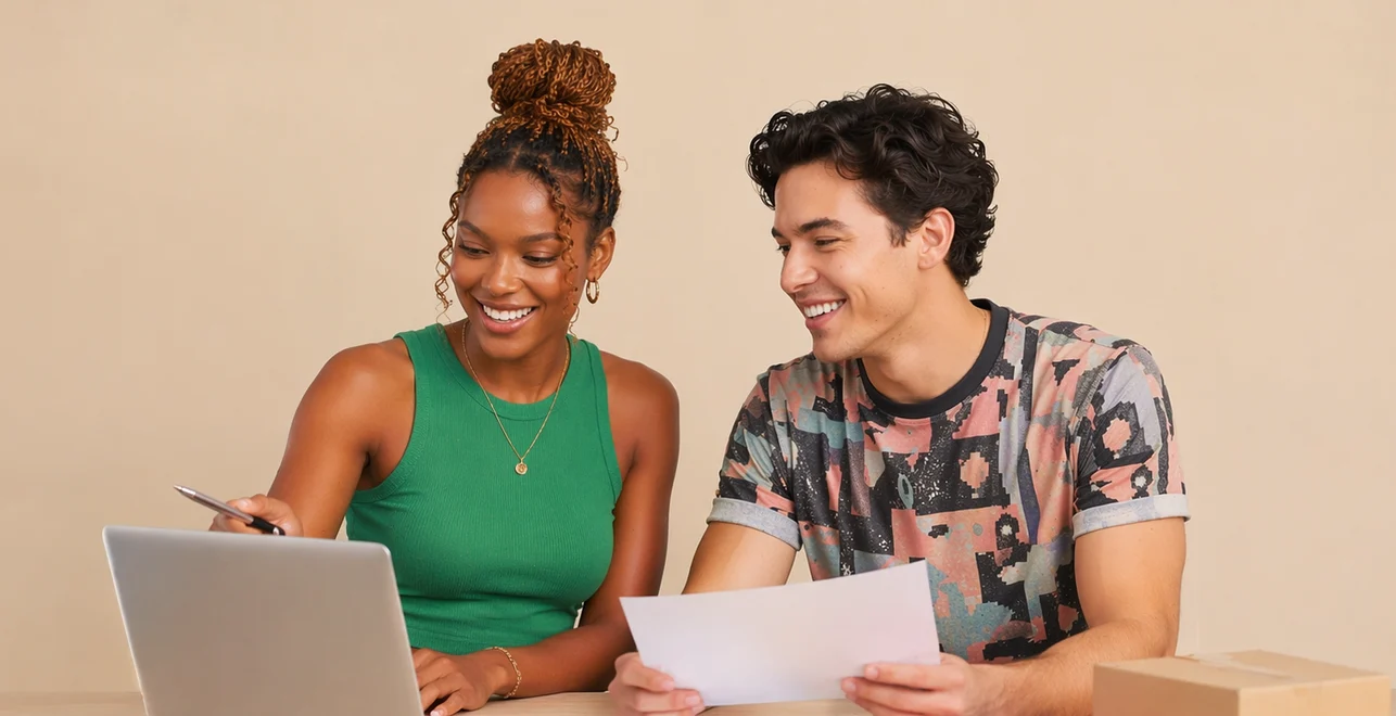Creator und Brand-Managerin planen gemeinsam eine Influencer-Kampagne am Laptop