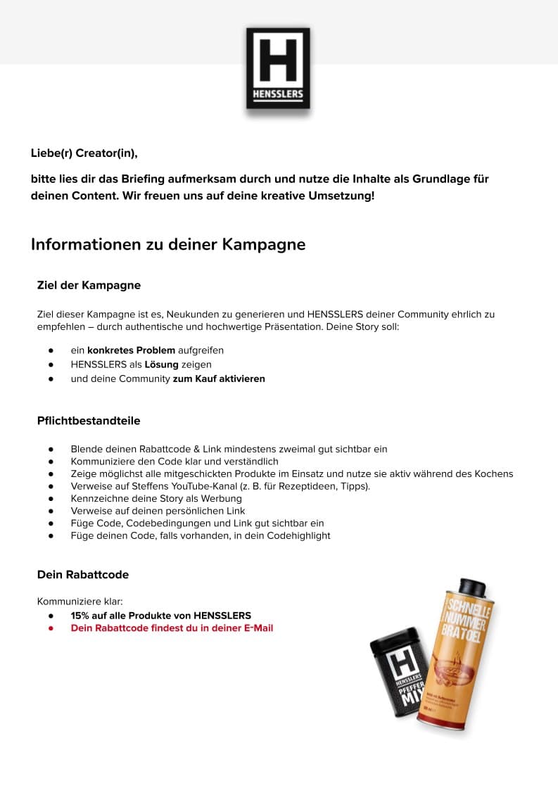 Seite 1 des HENSSLERS-Briefings: Ziel der Kampagne, Pflichtbestandteile und Rabattcode