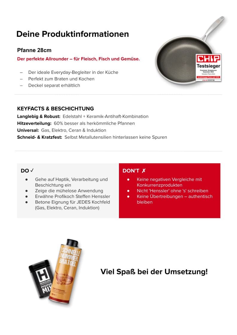 Seite 5 des HENSSLERS-Briefings: Pfanne 28cm, Keyfacts sowie Do und Don't