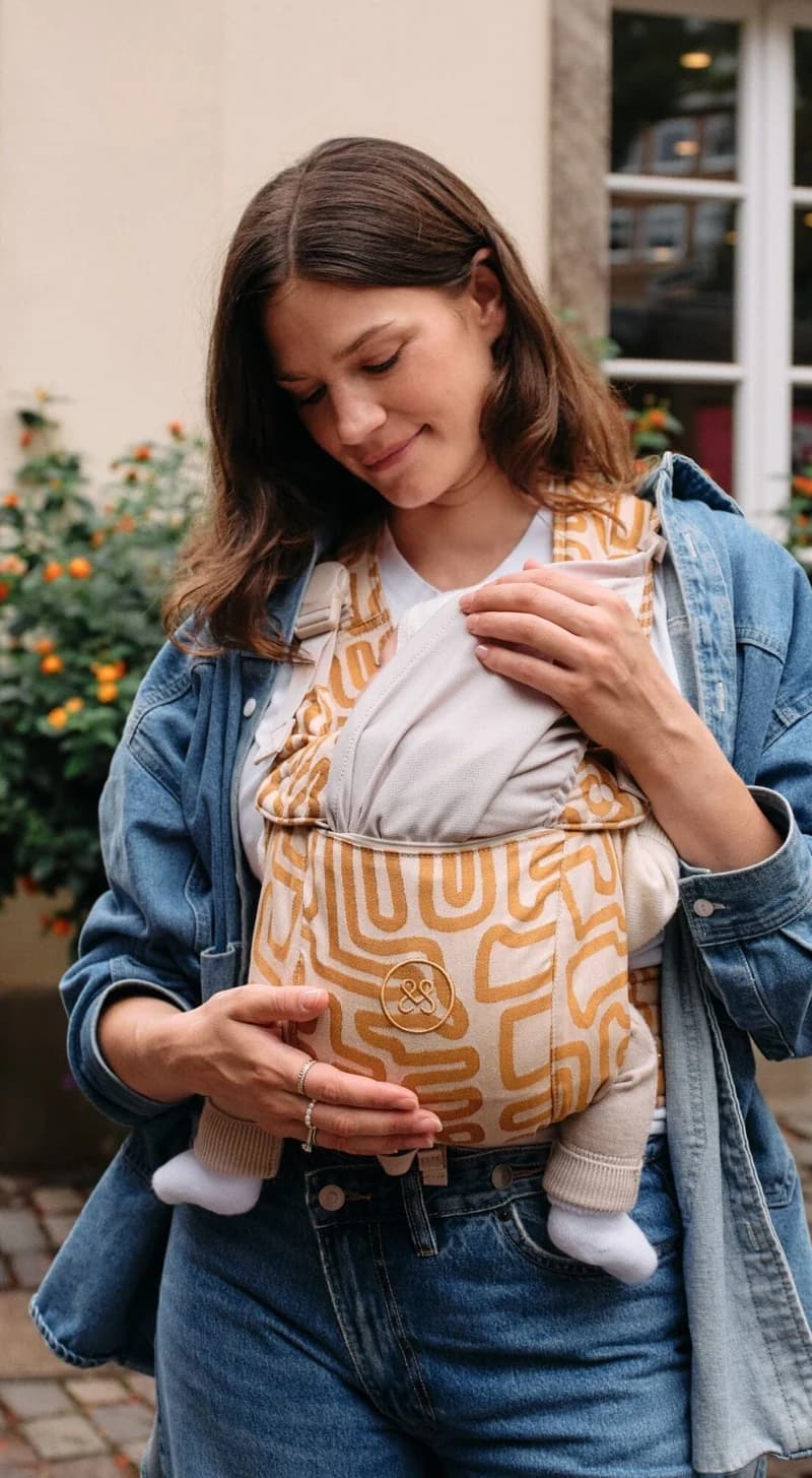 Mutter mit gemusterter emma & noah Babytrage