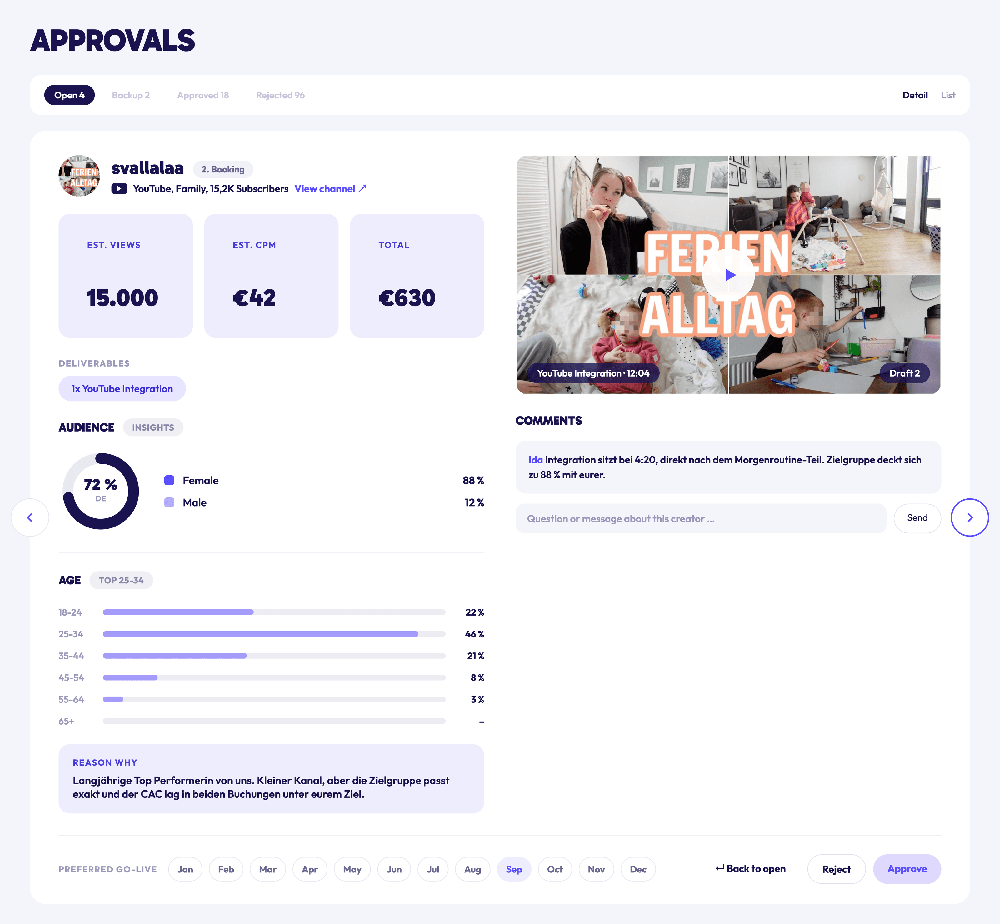 IDA Approvals view with forecast and audience data