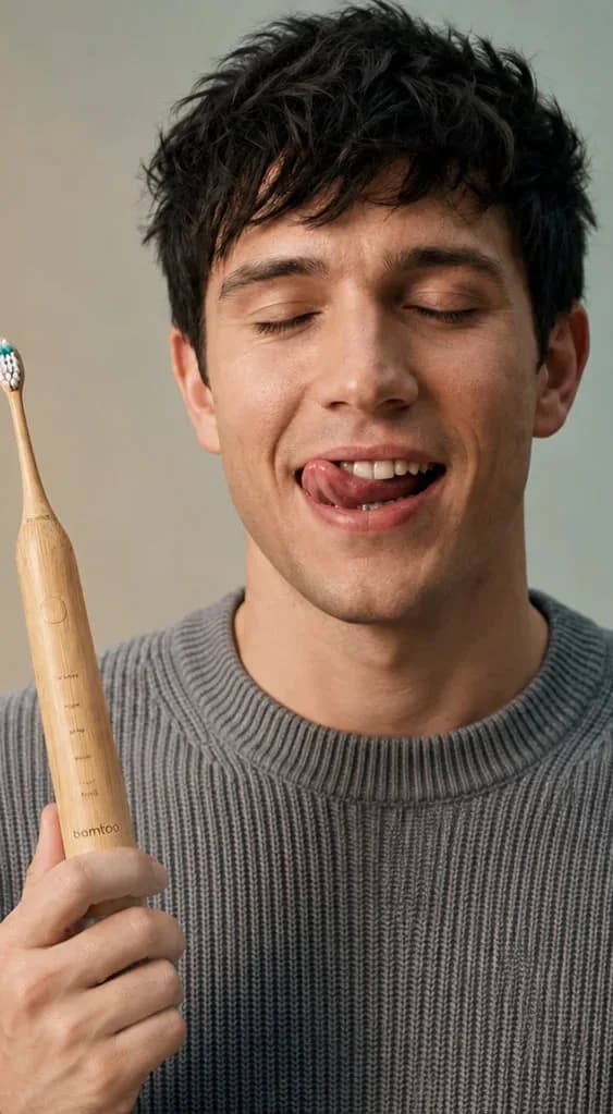 Mann putzt sich lächelnd mit der bamtoo-Zahnbürste aus Bambus die Zähne